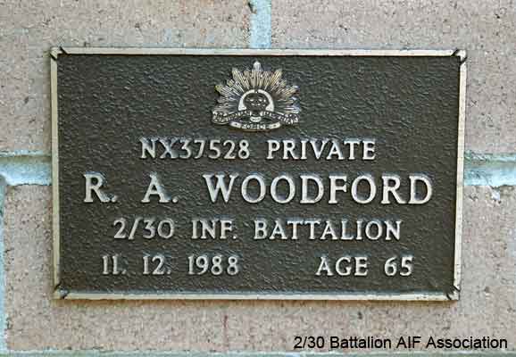 NX37528 - MORTON (WOODFORD), Robert Anthony, Pte. - A Company, 7 Platoon
View of the bronze plaque erected in the NSW Garden of Remembrance on Wall 57, Row 4. The garden is adjacent to Sydney War Cemetery at the Rookwood Necropolis, and is maintained by The Office of Australian War Graves.

The plaques are provided by The Office of Australian War Graves to commemorate eligible veterans who have died post war and whose deaths are accepted as being caused by war service. This form of commemoration is used when there is a private memorial elesewhere, or for some reason, the Office is unable to provide an official memorial at the relevant Cemetery or Crematorium.
