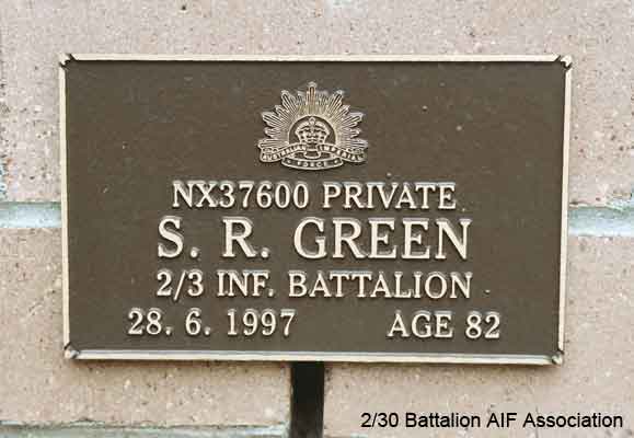 NX37600 - GREEN, Stanley Richard (Stan), Pte. - HQ Company, Mortar Platoon
View of the bronze plaque erected in the NSW Garden of Remembrance on Wall 16, Row J. The garden is adjacent to Sydney War Cemetery at the Rookwood Necropolis, and is maintained by The Office of Australian War Graves.

The plaques are provided by The Office of Australian War Graves to commemorate eligible veterans who have died post war and whose deaths are accepted as being caused by war service. This form of commemoration is used when there is a private memorial elesewhere, or for some reason, the Office is unable to provide an official memorial at the relevant Cemetery or Crematorium.
