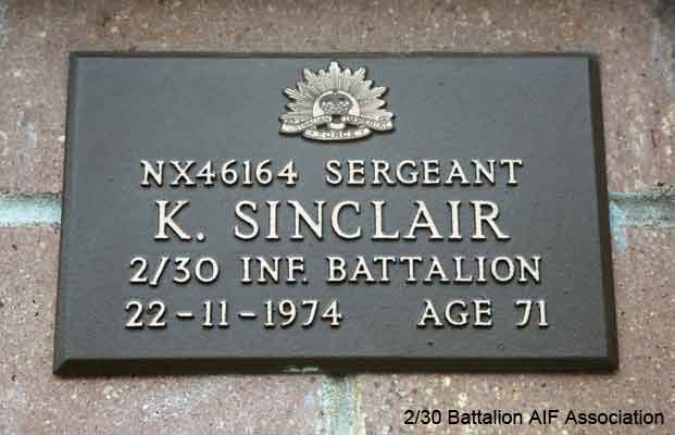 NX46164 - SINCLAIR, Karl, Cpl. - D Company, 16 Platoon
View of the bronze plaque erected in the NSW Garden of Remembrance on Wall 12, Row M. The garden is adjacent to Sydney War Cemetery at the Rookwood Necropolis, and is maintained by The Office of Australian War Graves.

The plaques are provided by The Office of Australian War Graves to commemorate eligible veterans who have died post war and whose deaths are accepted as being caused by war service. This form of commemoration is used when there is a private memorial elesewhere, or for some reason, the Office is unable to provide an official memorial at the relevant Cemetery or Crematorium.

