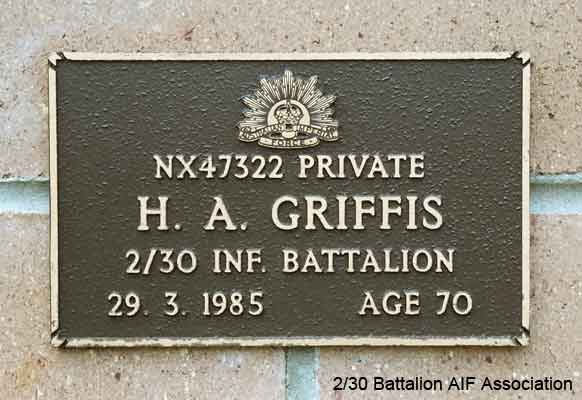 NX47322 - GRIFFIS, Henry Alfred (Poly), Pte. - D Company, 18 Platoon
View of the bronze plaque erected in the NSW Garden of Remembrance on Wall 28, Row D. The garden is adjacent to Sydney War Cemetery at the Rookwood Necropolis, and is maintained by The Office of Australian War Graves.

The plaques are provided by The Office of Australian War Graves to commemorate eligible veterans who have died post war and whose deaths are accepted as being caused by war service. This form of commemoration is used when there is a private memorial elesewhere, or for some reason, the Office is unable to provide an official memorial at the relevant Cemetery or Crematorium.
