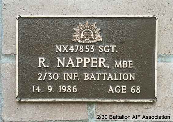 NX47853 - NAPPER, Reginald (Reg), WO2 - D Company, 16 Platoon
View of the bronze plaque erected in the NSW Garden of Remembrance on Wall 25, Row C. The garden is adjacent to Sydney War Cemetery at the Rookwood Necropolis, and is maintained by The Office of Australian War Graves.

The plaques are provided by The Office of Australian War Graves to commemorate eligible veterans who have died post war and whose deaths are accepted as being caused by war service. This form of commemoration is used when there is a private memorial elesewhere, or for some reason, the Office is unable to provide an official memorial at the relevant Cemetery or Crematorium.
