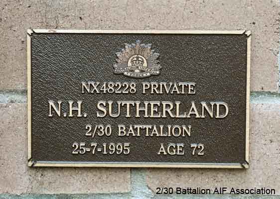 NX48228 - SUTHERLAND, Norman Henry, Pte.
View of the bronze plaque erected in the NSW Garden of Remembrance on Wall 19, Row E. The garden is adjacent to Sydney War Cemetery at the Rookwood Necropolis, and is maintained by The Office of Australian War Graves.

The plaques are provided by The Office of Australian War Graves to commemorate eligible veterans who have died post war and whose deaths are accepted as being caused by war service. This form of commemoration is used when there is a private memorial elesewhere, or for some reason, the Office is unable to provide an official memorial at the relevant Cemetery or Crematorium.
