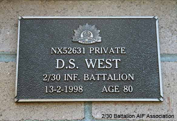 NX52631 - WEST, Donald Simm (Don), Pte. - B Company
View of the bronze plaque erected in the NSW Garden of Remembrance on Wall 31, Row F. The garden is adjacent to Sydney War Cemetery at the Rookwood Necropolis, and is maintained by The Office of Australian War Graves.

The plaques are provided by The Office of Australian War Graves to commemorate eligible veterans who have died post war and whose deaths are accepted as being caused by war service. This form of commemoration is used when there is a private memorial elesewhere, or for some reason, the Office is unable to provide an official memorial at the relevant Cemetery or Crematorium.
