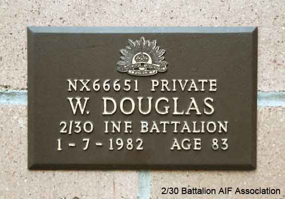 NX66651 - DOUGLAS, Walter Lewis (Darkie), Pte. - BHQ, Cook D Company
View of the bronze plaque erected in the NSW Garden of Remembrance on Wall 8, Row G. The garden is adjacent to Sydney War Cemetery at the Rookwood Necropolis, and is maintained by The Office of Australian War Graves.

The plaques are provided by The Office of Australian War Graves to commemorate eligible veterans who have died post war and whose deaths are accepted as being caused by war service. This form of commemoration is used when there is a private memorial elesewhere, or for some reason, the Office is unable to provide an official memorial at the relevant Cemetery or Crematorium.
