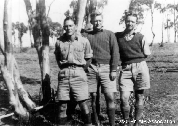Training
Left to right:
1) NX26539 - GOODWIN, John Arthur, Pte. - HQ Mortar
2) Unknown
3) NX47951 - NAGLE, Athol Gervase, L/Sgt. - B Ord. Room
