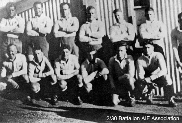 League team at Bathurst
The Battalion rugby league team at Bathurst.

Left to right:
Back row:
1) NX45594 - ANNAND, Charles, L/Sgt. - D Coy. 16 Pl. Doi Kanburi
2) NX41219 - LOGAN, Haig Lincoln (Jock), Pte. - HQ Coy. Tpt. Pl. Attached to "D" Company
3) NX26862 - McCLELLAND, Alexander (Max), Pte. - HQ Coy. Pioneer Pl. 
4) NX54736 - LUMBY, Dudley Richard (Dick), Pte. - HQ Coy. Tpt. Pl. Doi Sonkurai 1 (Cholera)
5) NX36471 - KING, Norman Leo (Norm), L/Cpl. - D Coy. 17 Pl. 
6) NX47812 - BAIRD, James Harold (Jim), Pte. - D Coy. 17 Pl. Ex "A" Force; sent from Thailand to Japan after Railway completed; Rakuyo Maru torpedoed and sunk 12/9/1944 by US submarine
7) NX32505 - STARR, Walter Edwin (Wally), Pte. - HQ Coy. Sig. Pl. Doi Kanburi (Dysentery)

Front row:
1) NX45773 - LINDSAY, Kenneth William (Ken), L/Sgt. - D Coy. Ord. Room. Doi Malacca
2) NX46136 - SPEERS, James Alexander (Jim), Pte. - D Coy. 16 Pl. to 2/1 Bn 6 Div
3) NX46711 - DEVER, Leonard Clive (Len), Pte. - D Coy. 16 Pl. WiA Mandai Rd.
4) NX54466 - STONE, Alfred Edward (Alf), Pte. - HQ Coy. Mortar Pl. Doi Sonkurai 1 (Cholera)
5) NX27762 - HUDSON, Allan Edwin Stirling, Lt. - C Coy. Commissioned 14/2/1942
6) NX47400 - GRIFFIN, Robert William (Bob), Pte. - D Coy. to 2/20 Bn ?/11/1941, Doi Naoetsu, Japan
