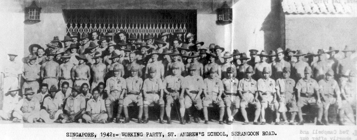 St. Andrew's College Working Party
Various members of the 2/30th were assigned to a working party at St. Andrew's College, Serangoon Road, Singapore in early 1942.

1) QX10481 - ANDERSON, William (Bill), Pte. - D Company, 18 Platoon. Ex 2/26 Bn 16/1/1942, WiA Mandai Rd.
2) NX30430 - BELL, Wallace Speare (Wally Mark 11), Pte. - A Coy. 8 Pl. Broken leg while at Blakang Mati, returned to Changi for treatment
3) NX56869 - BLANSHARD, Douglas Copeland (Doug), Sgt. - A Company, 8 Platoon.
4) NX2751 - BOYTON, William John (Bill), Pte. - B Company, 10 Platoon.
5) NX36401 - BROWN, George Hilton, Lt. - A Company, O/C 8 Platoon. ToS 26/12/1941, Ex GBD
6) NX47483 - BROWN, Harry Robert, Pte. - A Company, 8 Platoon.
7) NX29821 - BURGESS, Clarence John (Clarrie), L/CPlatoon. - A Company, 7 Platoon.
8) NX26414 - CAHILL, Robert Edward (Bob), Pte. - HQ Company, A/A Platoon. Doi Sonkurai 3 (Beri Beri, Dysentery)
9) QX17105 - CAHILL, Walter Herbert, Pte. - A Company, 8 Platoon. to 2/26 Bn 31/12/1942
10) NX71966 - CARROLL, John Leslie (Jack), Pte. - A Company, 9 Platoon. Doi Sonkurai 1 (Cholera)
11) NX33290 - CHAPMAN, Keith Milford (Chappie), Pte. - A Company, 8 Platoon.
12) NX60171 - CORCORAN, Francis Leslie, Pte. - C Company. Ex 2/19 Bn 2/2/1942; to 2/19 Bn 21/12/1942, Doi Sandakan
13) NX52475 - CROWLEY, James Lancelot, Pte. - C Company. 6 Rnf; ToS 2/2/1942; to 2/19 Bn 21/12/1942 (standing behind 4th Jap on right of photo)
14) NX49041 - DALY, William Herbert, Pte. - A Company.
15) NX2748 - DESPOGES, John Samuel (Darkie), Pte. - HQ Company, Pioneer Platoon.
16) NX77751 - DICKENSON, John, Pte. - C Company, 15 Platoon.
17) NX56759 - DOUGLAS, Noel James, Pte. - A Company, 9 Platoon. to 2/26 Bn 3/1/1943
18) NX47564 - DOWLING, Kevin John, Pte. - A Company, 9 Platoon.
19) NX10901 - ERWIN, Clarence Robert (Charlie), Pte. - A Company, 8 Platoon.
(Dysentery, Beri Beri)
20) NX10862 - FING, William, Pte. - A Company, 7 Platoon.
21) NX73973 - FLEW, Mark Waterford, Pte. - C Company, 15 Platoon.
22) NX37294 - FORWARD, Kenneth (Frank Walter Leslie) (Ken), Pte. - C Company, 13 Platoon.
23) NX47481 - GAY, Kenneth John, Pte. - HQ Company, Sig. Platoon.
24) NX71311 - GAYFORD, Ernest Reginald, Pte. - A Company, 9 Platoon.
25) NX30821 - HANLON, Lindsay Roy (Red), Pte. - B Company, 11 Platoon. WiA Gemencheh
26) NX72520 - HANSEN, Jens, Pte. - B Company
27) NX47343 - HARDY, Charles Victor (Andy), Pte. - C Company, 13 Platoon.
28) NX58970 - HENNESSY (De St. Hilair), Sydney Rudolph (Sid), Pte. - B Company, 11 Platoon. WiA Sempang Rengam
29) NX27191 - HUDSON, William Michael Charles (Bill), Pte. - BHQ, Intell. Doi Train Ipoh (Dysentery)
30) NX2538 - JOHNSTON, Ronald Athol, CPlatoon. - C Company, 14 Platoon.
31) NX42283 - KINGSTON, George, Pte. - A Company, 8 Platoon.
32) NX25731 - KANE, Russell John, Pte. - HQ Company, Carrier Platoon.
33) NX27205 - KINSELA, George Michael, Pte. - HQ Company, Carrier Platoon. 87 LAD AAOC attached 6/12/1941
34) NX30942 - LARKIN, Stanley Raymond, Pte. - B Company, 11 Platoon. WiA Ayer Hitam
35) NX10888 - LAWTY, Edwin (Ted), Pte. - C Company.
36) NX20447 - MASON, Joseph (Joe), Pte. - HQ Company, Carrier Platoon.
37) NX20450 - MASON, Peter , CPlatoon. - HQ Company, Carrier Platoon.
38) NX37655 - McBURNEY, Ronald James (Ron), Pte. - A Company, 7 Platoon.
39) NX26339 - McCALLUM, Edwin Roy (Tanglefoot), Pte. - B Company, 12 Platoon. Doi Sonkurai 3 (Cholera)
40) NX4643 - McCORMICK, Harold Robert (Mick), CPlatoon. - HQ Company, Carrier Platoon. Doi Sonkurai 1 (Cerebral Malaria)
41) NX47385 - NYBERG, William Lawrence, Pte. - D Company, 18 Platoon. WiA Mandai Rd, Doi Tanbaya 39) 42) 42) NX31544 - PLUIS, Cyril, Pte. - HQ Company, Transport Platoon. WiA Gemas
43) NX65486 - QUINTAL, Laurie Patterson, Pte. - HQ Company, Sig. Platoon. Doi Tanbaya (Beri Beri, Dysentery)
44) NX36535 - RANDLE, Edward R. (Ted/ Snowy), Pte. - A Company.
45) VX55924 - ROSE, Morton John (Mort), Pte. - A Company, 7 Platoon. to 2/29 Bn 22/3/1942, Doi Taimonta
46) NX67520 - SENIOR, Leslie William (Billy or Debbil Debbil), Pte. - HQ Company, Pioneer Platoon.
47) NX55717 - SMYTH, Patrick Thomas, Pte. - B Company, 10 Platoon. Doi Nieke (Amputation Leg, Post op Debility)
48) NX72633 - STEPHENS, Cuthbert Edward James (Bert), Pte. - HQ Company, Transport Platoon.
49) NX54474 - STEVENS, Francis Rupert Brotherson (Snowy), Pte. - HQ Company, Mortar Platoon.
50) NX52874 - TODD, Edgar Frank (Bluey), Pte. - A Company, 7 Platoon.
51) NX57645 - TYSON, James Sydney (Sid), CPlatoon. - B Company, Company, HQ Platoon. Ex 2/19 Bn 2/2/1942, Doi Sonkurai 1 (Cholera)
52) NX2536 - UPCROFT, Ernest Bruce (Bruce), Pte. - D Company, 18 Platoon.
53) NX34206 - WALLACE, Edward Charles (Wally), Pte. - C Company, Platoon. Ex 2/19 Bn 4/2/1942; to 2/19 Bn 21/12/1942
54) NX45020 - WATKINS, Norman Alfred, Pte. - A Company, 9 Platoon.
55) QX21455 - WATSON, Robert Arthur (Bob), Pte. - B Company, 12 Platoon. Doi Sonkurai 3 (Dysentery)
56) NX25458 - WATT, Edward Louvain (Ted), CPlatoon. - A Company, 9A Platoon. Took Discharge in Singapore
57) NX49282 - WAUGH, Norman Sidney (Norm), Pte. - B Company, 10 Platoon. Doi Kanburi (Exhaustion following Cardiac Beri Beri)
58) NX36696 - WEBB, Francis John (Spider), Pte. - HQ Company, Carrier Platoon.
59) NX52631 - WEST, Donald Simm (Don), Pte. - B Company, Platoon.
60) NX36654 - WIGHTMAN, Arthur Egerton (Ege/Whitey), Pte. - HQ Company, Carrier Platoon.
61) NX78041 - WILLIAMS, George Frederick (Snow), Pte. - A Company, 8 Platoon. Doi Kanu 2 (Malaria, Cardiac Beri Beri)
Keywords: StAndrewsCollege