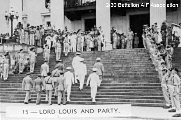 Japanese surrender, Singapore, 1945 (Photo 15)
015 - Lord Louis and party - Lord Louis Mountbatten and Chiefs of Staff entering the Singapore Municipal Buildings for the Japanese surrender ceremony.
