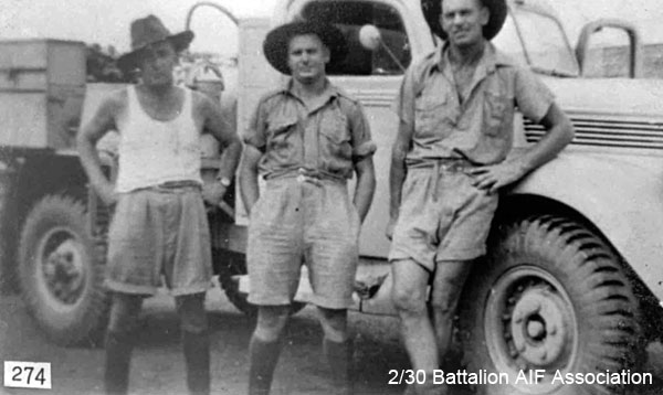 Some of the Transport Platoon
Left to right:

1) NX46451 - AINSWORTH, Arnold Marsh (Arnie), Pte. - HQ Coy. Tpt. Pl. 
2) NX46624 - BAILEY, William Joseph (Sawyer Bill), Pte. - HQ Coy. Tpt. Pl. Doi Changi (Malnutrition, Malaria etc)
3) NX47590 - RICHES, Frederick Holmes (Harry), A/U/Cpl. - HQ Coy. Tpt. Pl. Attached to "D" Company; WiA Singapore Island
