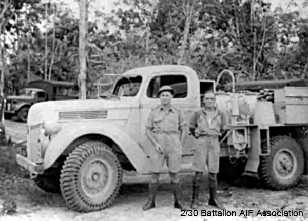 Water Truck
Left to right:
1) NX46624 - BAILEY, William Joseph (Sawyer Bill), Pte. - HQ Company, Transport Platoon. Died of illness Changi (Malnutrition, Malaria etc)
2) NX37543 - SKINNER, Oswald Victor, Pte. - D Company HQ. Ex "A" Force; sent from Thailand to Japan after Railway completed; Awa Maru; Died of illness Moji on 18/1/1945

