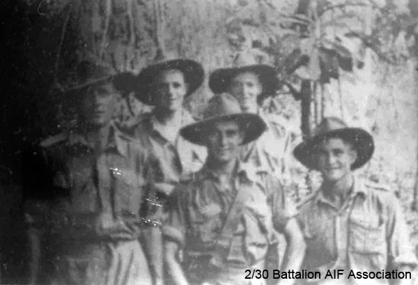 Mortar Platoon, Batu Pahat
Left to right:

Back row:
1) NX45847 - EVERINGHAM, Albert Clemen (Clem), L/Sgt. - HQ Coy. Mortar Pl. Doi Sonkurai 1 (Cholera)
2) NX50446 - WALSHE, James Prior (Jim or Splinter), Pte. - HQ Coy. Mortar Pl. 

Front row:
1) NX54739 - TAPP, David Slader (Dave), Pte. - HQ Coy. Mortar Pl. Doi Changi (Emphysema, Pneumonia, Chronic Bronchitis)
2) NX24909 - DU ROSS, Stanley Claude Melbourne (Frenchy), Sgt. - HQ Coy. Mortar Pl. Ex "A" Force; sent from Thailand to Japan after Railway completed; Rakuyo Maru torpedoed and sunk 12/9/1944 by US submarine
3) NX54467 - STONE, Eric William, Cpl. - HQ Coy. Mortar Pl. 
