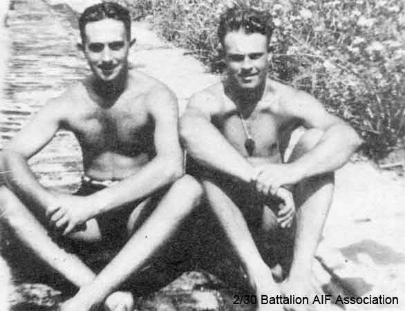 Batu Pahat
On the banks of the pool at Batu Pahat in November, 1941.

Left to right:
1) NX37705 - O'ROURKE, Terence Percival (Terry), Pte. - C Company, 14 Platoon
2) NX59092 - STARK, Reginald (Reg), L/Cpl. - C Company, 14 Platoon
