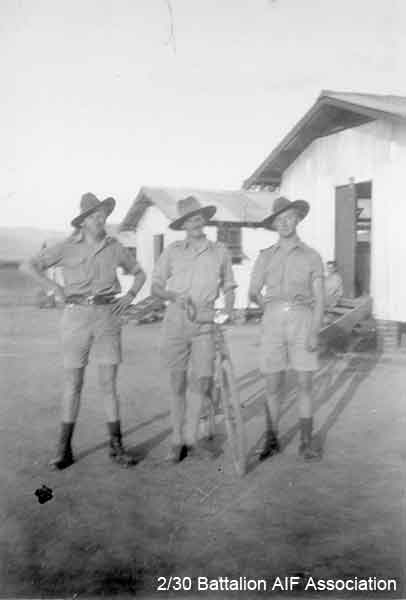 Bathurst Army Camp
Left to right:

1) NX27550 - WILSON, David Royce (Doc), A/Cpl. - A Company, 9 Platoon 
2)
3) NX30642 - TAIT, Francis Earl (Earl), Cpl. - A Company, 9 Platoon
