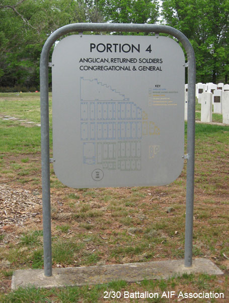 Woden Cemetery, Canberra
Directory sign to Portion 4 at Woden Cemetery, Canberra.

NX2751 - Pte. Bill BOYTON - B Company, 10 Platoon is buried in Portion 4, Section X, Grave 399.
Keywords: 071031a