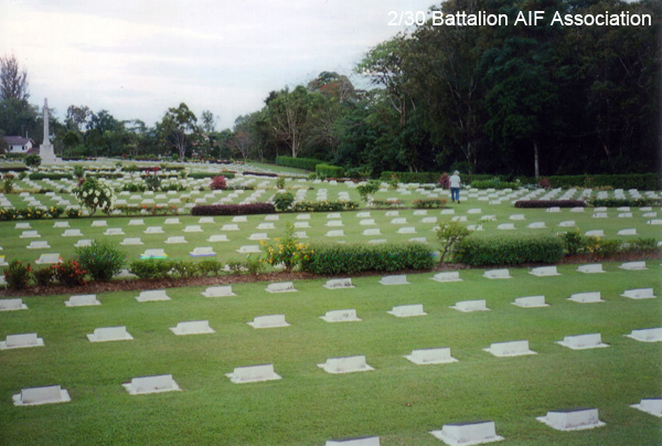 Labuan War Cemetery
The following members of the 2/30th are buried in this cemetery:

NX78229 - DAWSON (Molde), Leigh Kevin (Kenneth C.), Pte. - A Coy. - died of illness at Sandakan 14/2/1945 - Grave 21.B.12
NX25620 - TRICKETT, Charles Philip Williams (Phil), Lt. - B Coy. 10 Pl. - Killed in action at Tarakan, 6/5/1945 while serving with 2/23 Bn 9 Div. - Grave 29.C.6

A further 74 members of the Battalion are commemorated on the Memorial Panels.

